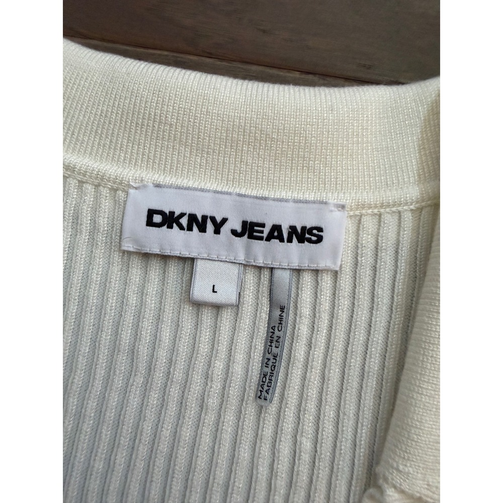 NWT DKNY Jeans Polo Sweater Womens‎ L Ivory Ribbed Knit Short Sleeve V-Neck - Picture 2 of 5